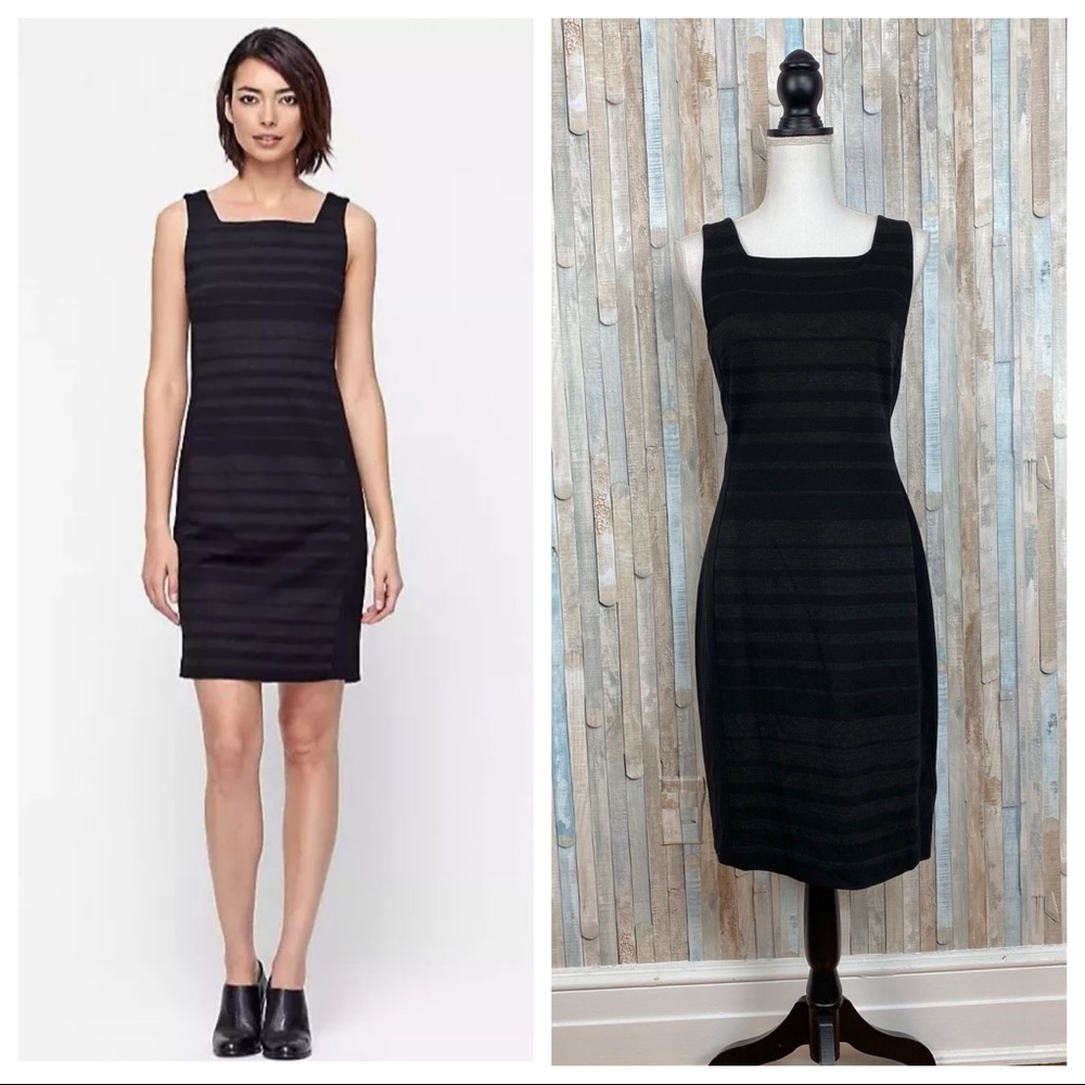 Eileen Fisher 8 Charcoal Stripe Square Neck Stretch Ponte Knit Sheath Dress $378
